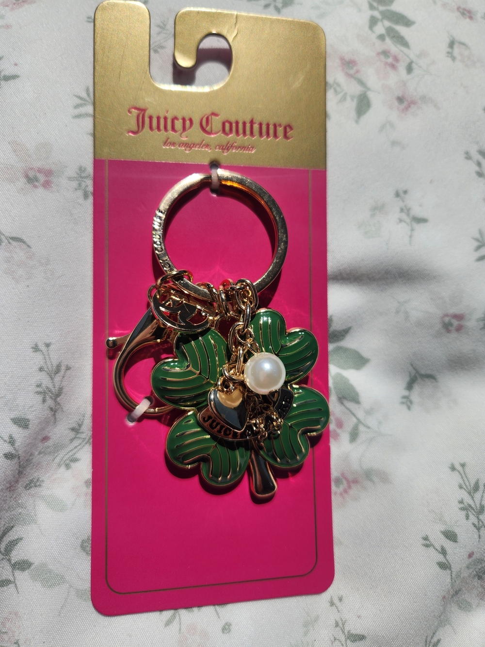 Juicy Couture Green Clover Keychain with Pearl Charm